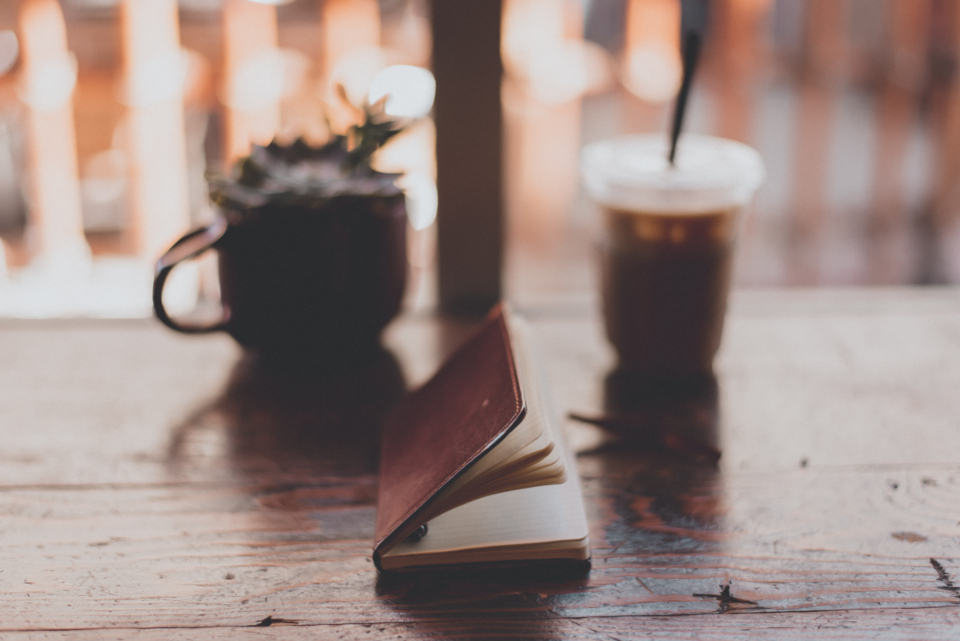 A leather journal and coffee on a wooden table - the Sunday reset brain dump
