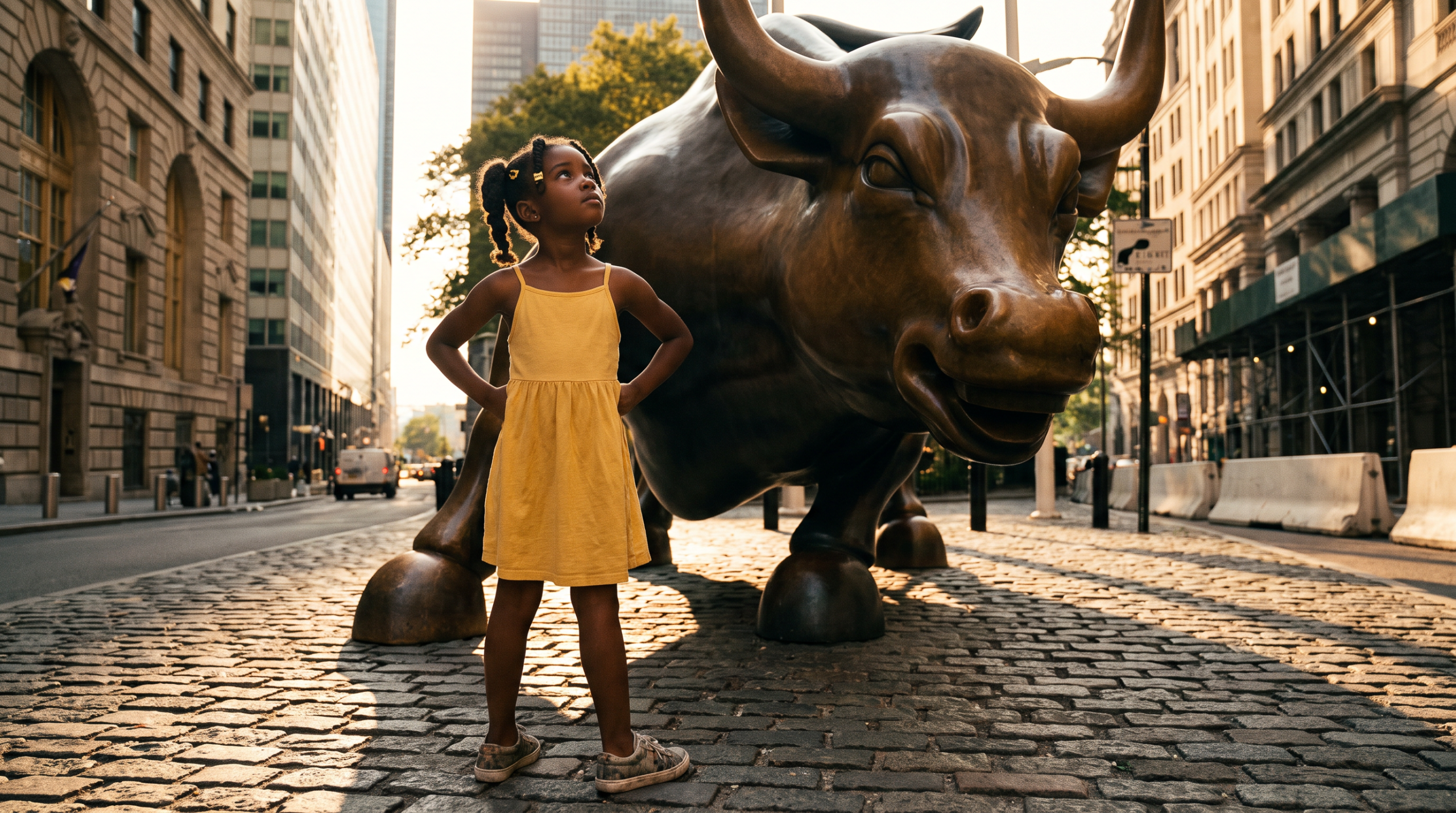 Fearless young Black girl standing defiantly in front of the Wall Street charging bull statue, representing women's courage in finance